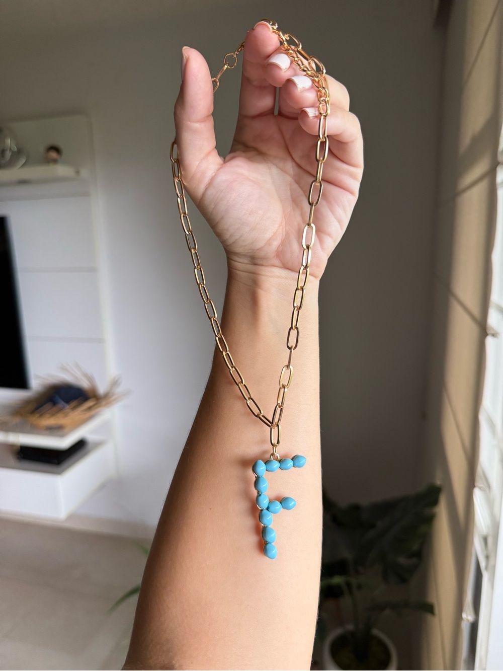 Gold Chain Necklace with Turquoise Bead Letter F Pendant
